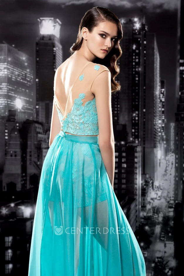A-Line Long Bateau Cap-Sleeve Chiffon Lace Deep-V Back Dress With Appliques