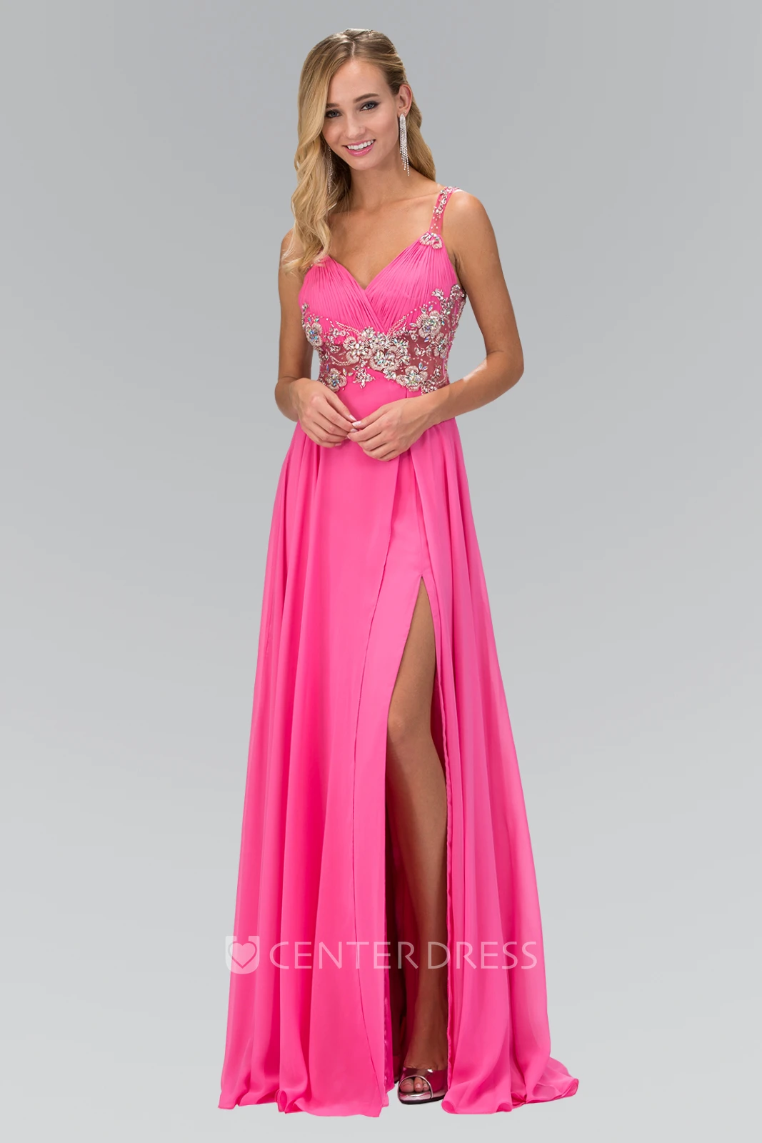 A-Line Straps Sleeveless Chiffon Low-V Back Dress With Beading And Split Front