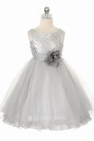 Tea-Length Floral Floral Sequins&Satin Flower Girl Dress With Ribbon