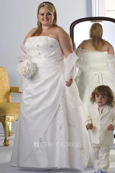 Strapless Lace-Up Taffeta Bridal Gown With Organza Shawl