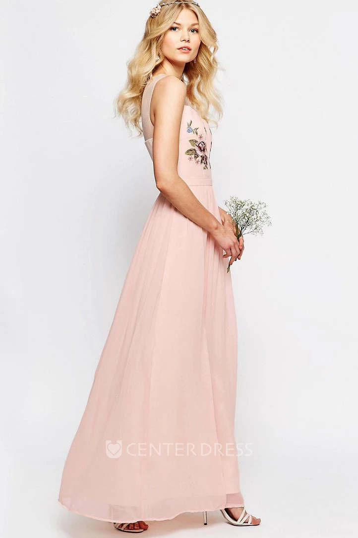 Sheath Ankle-Length Scoop-Neck Sleeveless Chiffon Bridesmaid Dress With Embroidery And Illusion