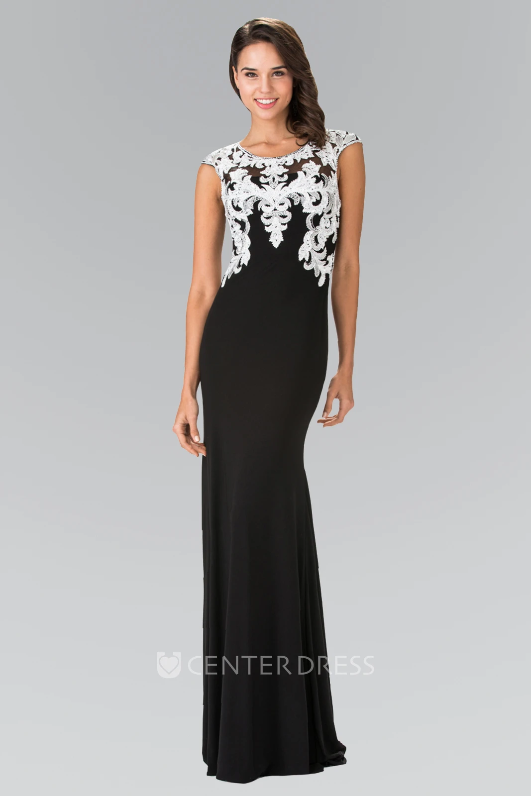 Sheath Floor-Length Cap-Sleeve Jersey Illusion Dress With Appliques