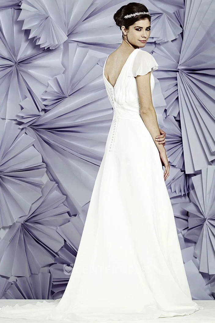 Floor-Length Ruched Poet-Sleeve V-Neck Chiffon Wedding Dress With Waist Jewellery
