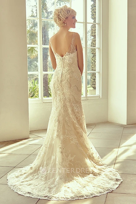 Long V-Neck Appliqued Lace Spring Wedding Dress With Sweep Train And V Back