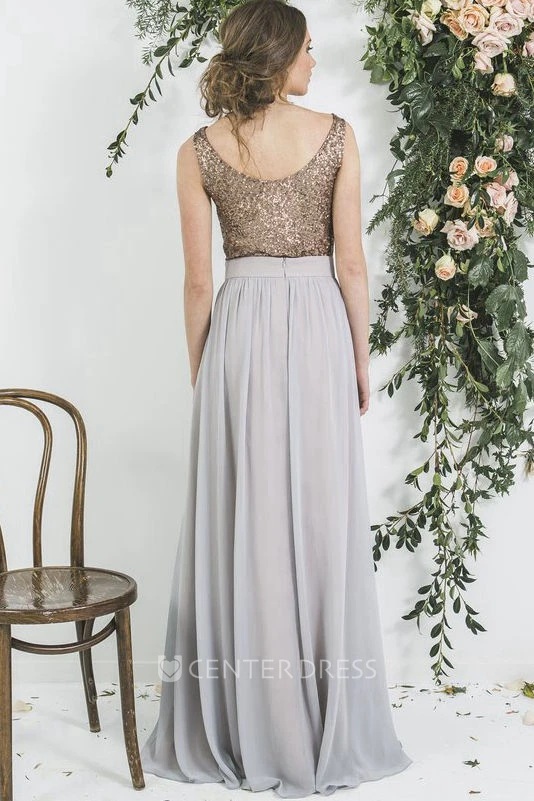 Sequined Sleeveless Cowl Neck Chiffon Bridesmaid Dress