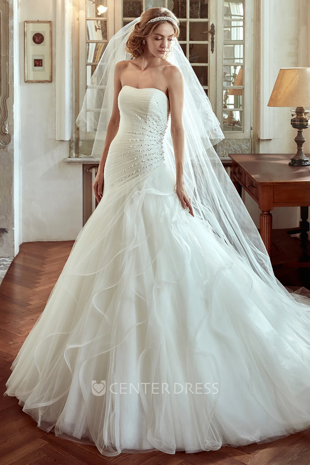Strapless Wedding Dress With Side Draping and Pearl Embellishment 