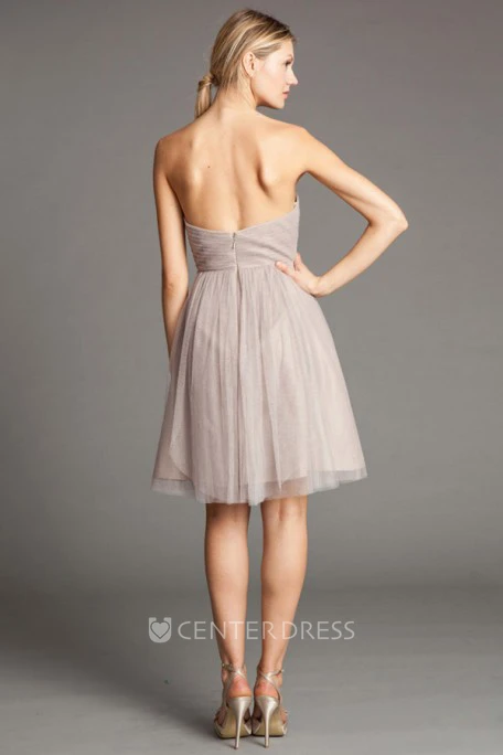 Short Sleeveless Halter Ruched Tulle Bridesmaid Dress With Broach