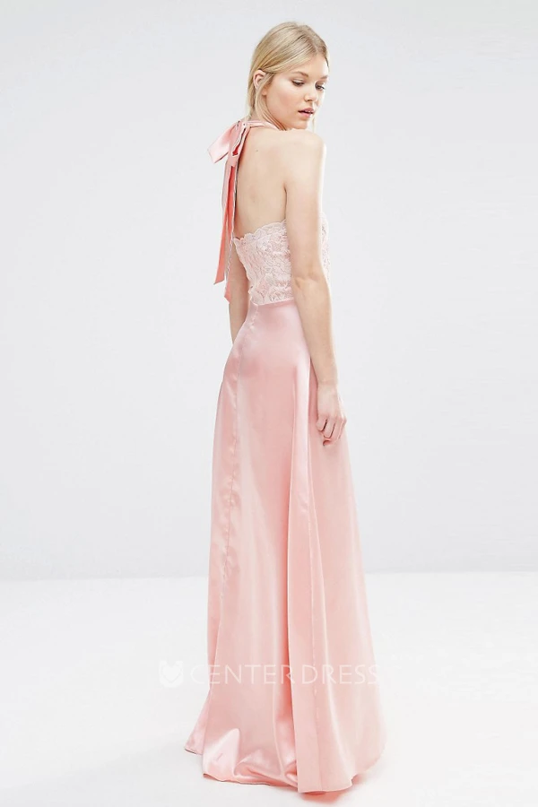 Sheath Long-Sleeveless High Neck Satin Bridesmaid Dress With Lace