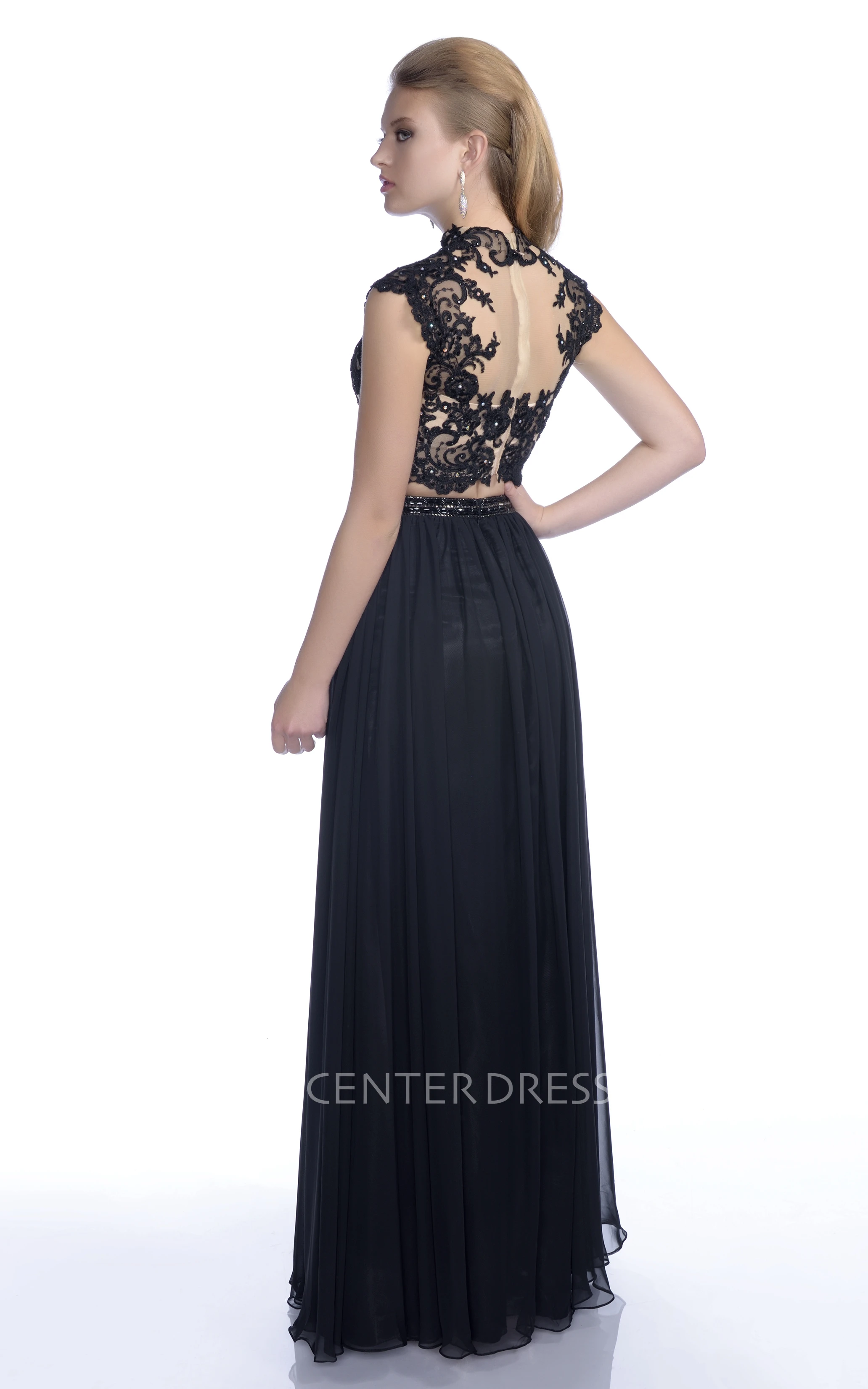 Chiffon Cap Sleeve Crop Top Prom Dress With Sequined Lace Bodice