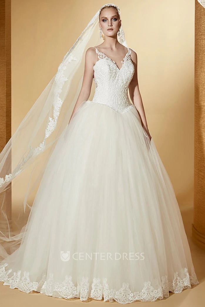 V-neck Puffy Wedding Gown with Lace Corset and Open Back
