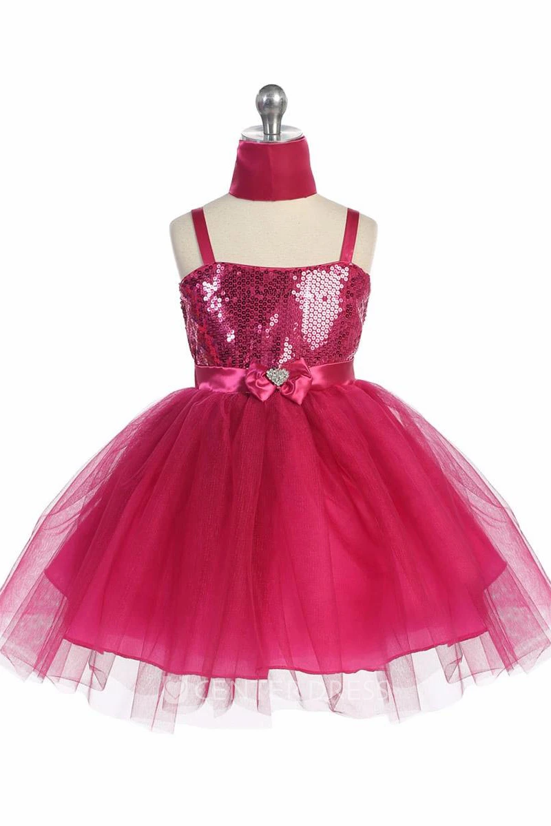 Knee-Length Cape Beaded Tiered Tulle&Sequins Flower Girl Dress With Sash
