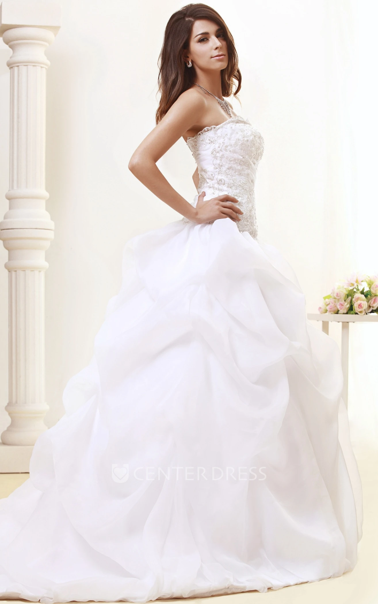 Strapless A-Line Organza Wedding Gown With Ruffles and Beading