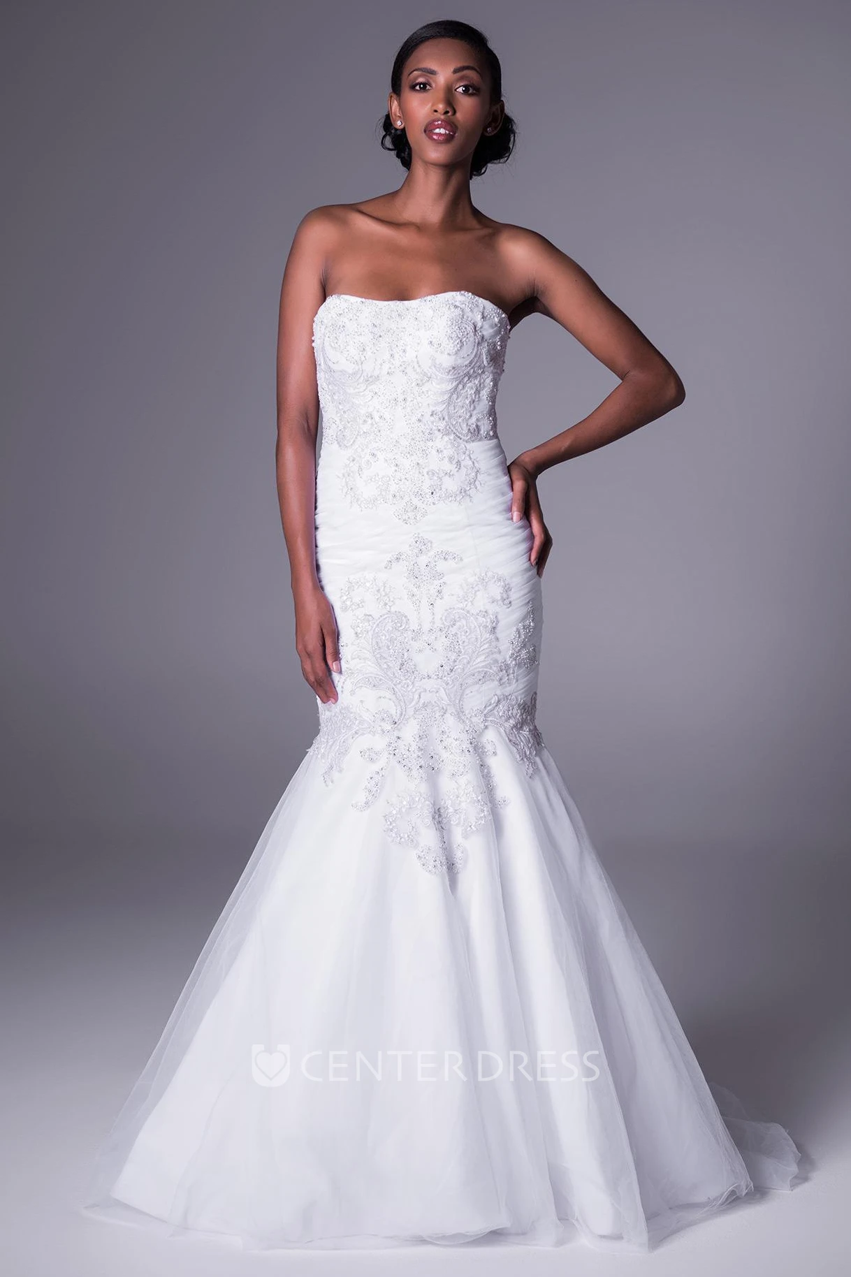 Mermaid Beaded Strapless Floor-Length Sleeveless Tulle&Satin Spring Wedding Dress With Ruching