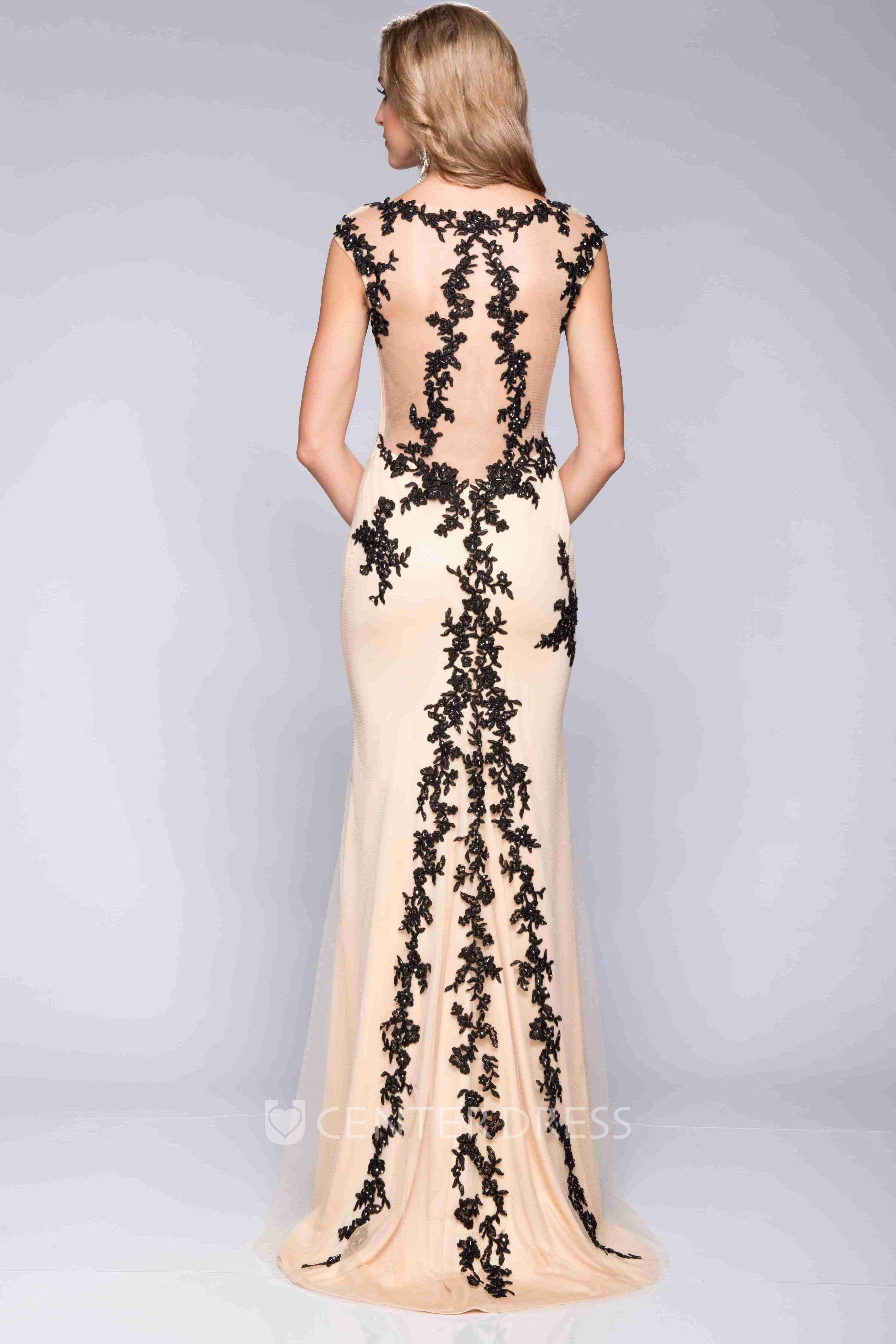 Side Slit Appliqued Sheath Jersey Prom Dress With Bateau Neck