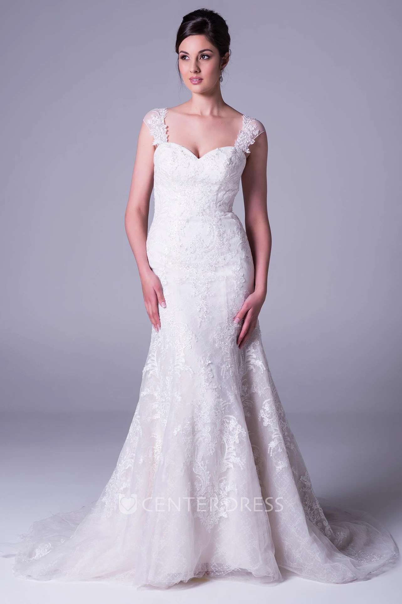 A-Line Cap-Sleeve Appliqued Long Lace Wedding Dress