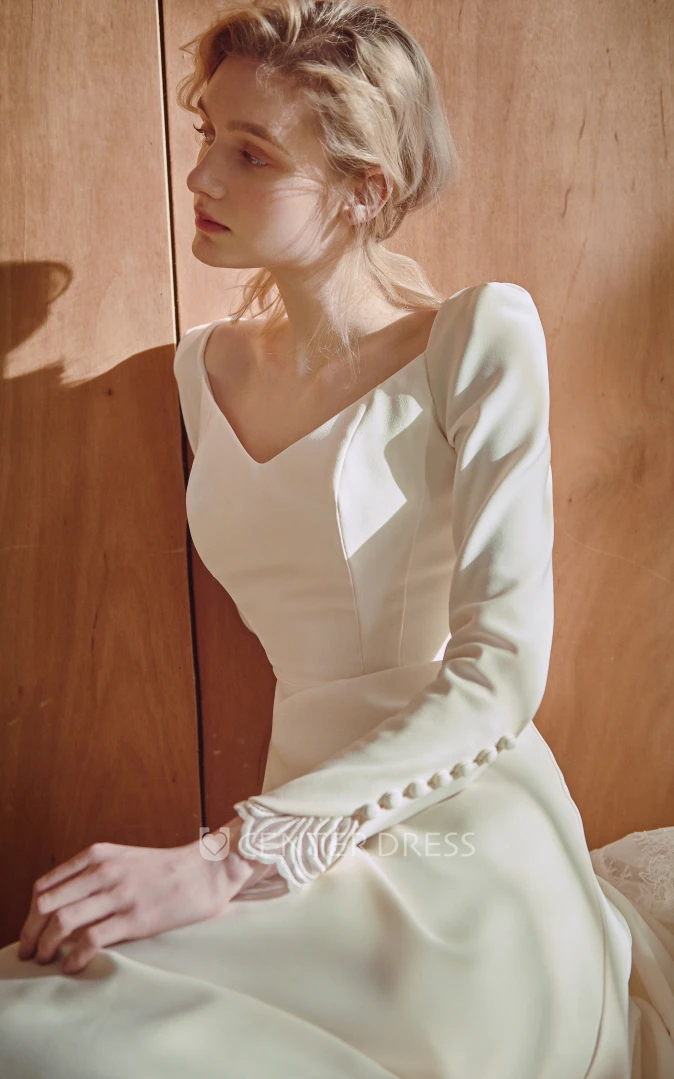 Simple V-neck A Line Satin Long Sleeve Court Train Wedding Dress
