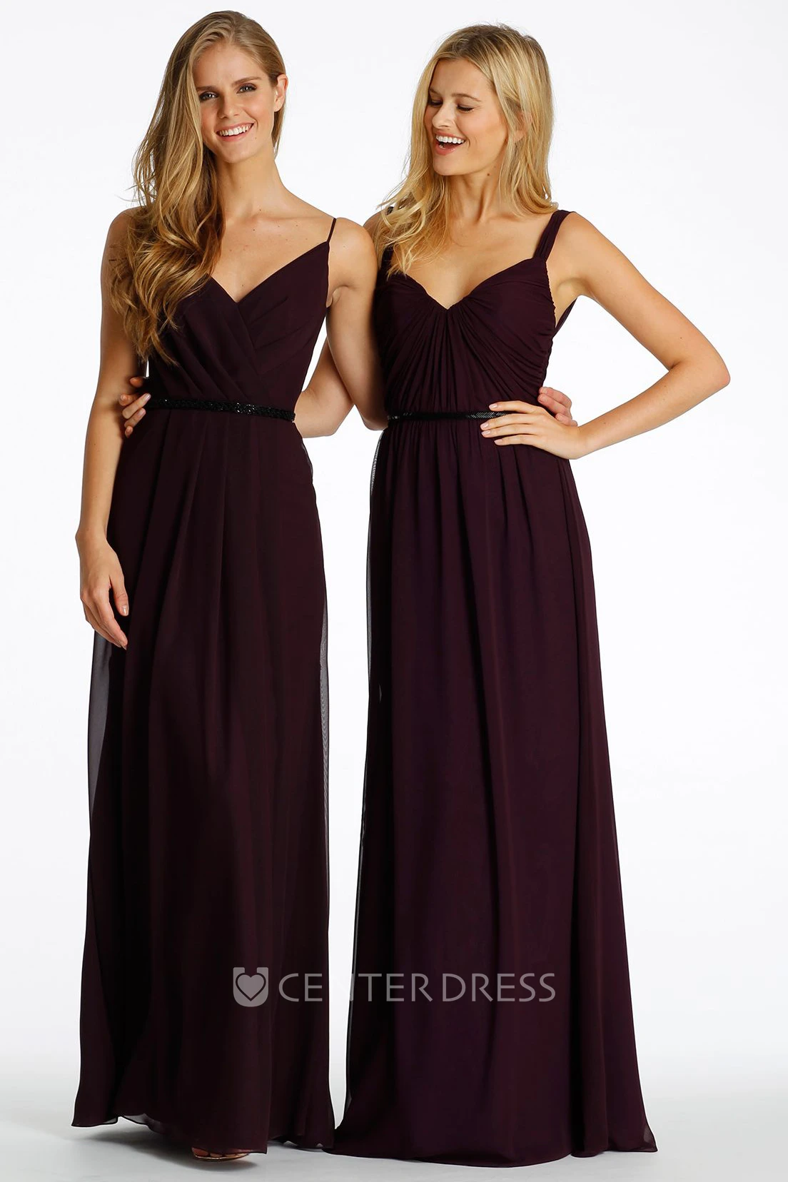 Jeweled Spaghetti Chiffon Bridesmaid Dress With Ruching And Straps