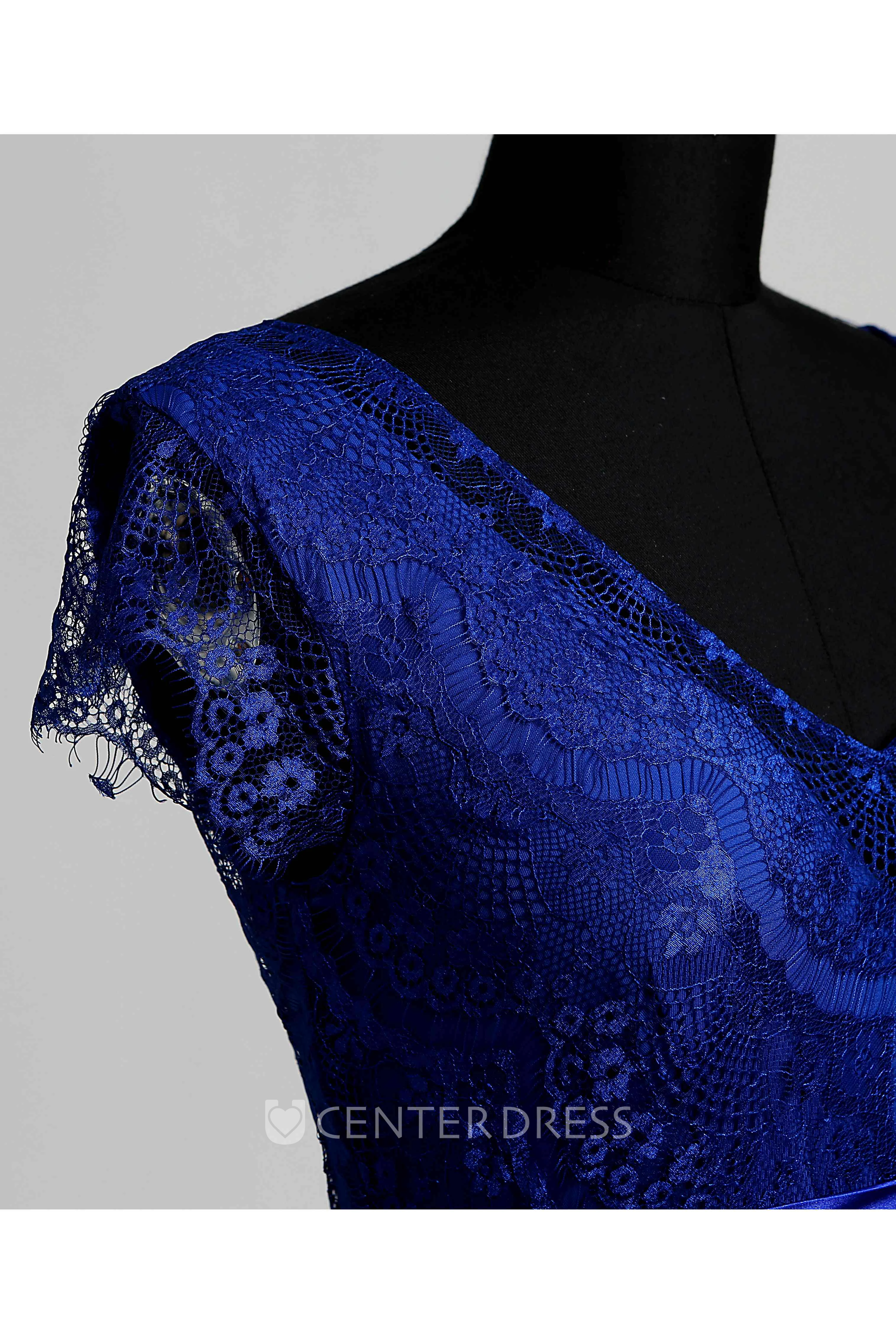 Lace A-line V-neck Cap Short Sleeve Maternity Dress with Sash/Ribbon