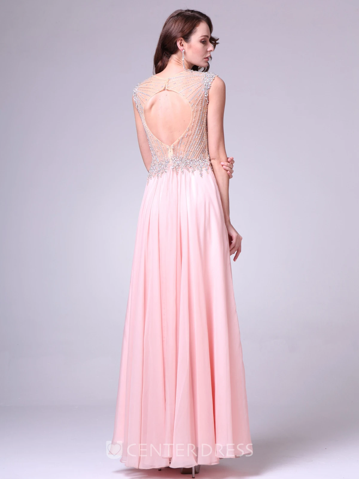 A-Line Jewel-Neck Sleeveless Chiffon Keyhole Dress With Beading And Pleats