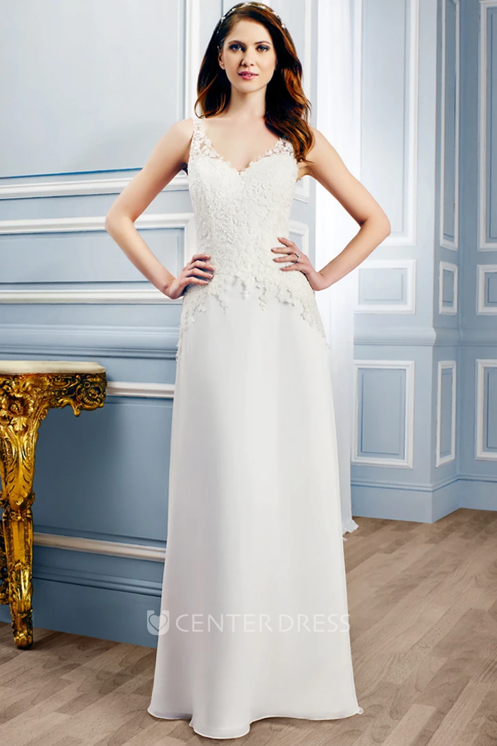 Sheath Sleeveless V-Neck Appliqued Floor-Length Lace Wedding Dress With Sweep Train And Illusion Back