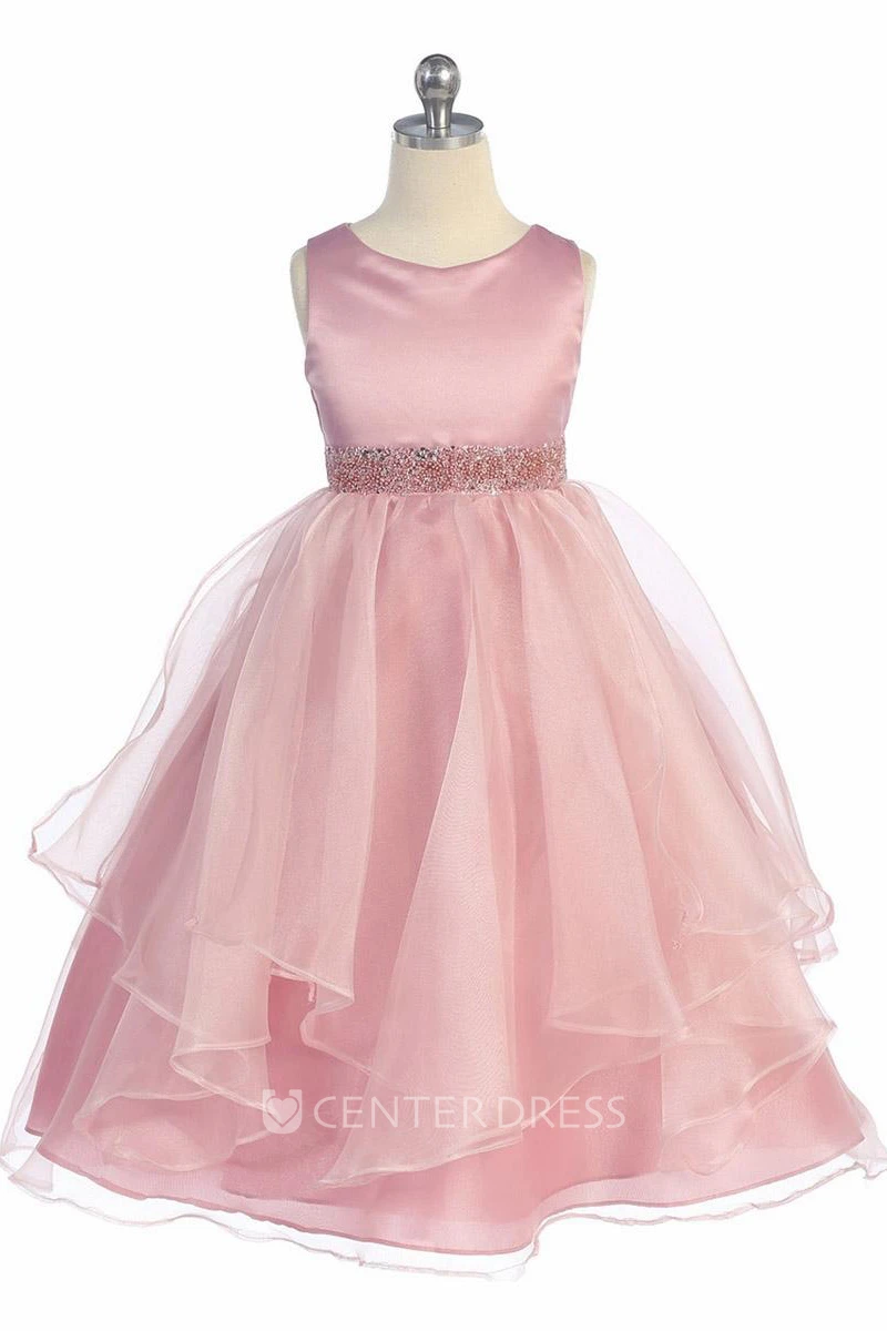 Tea-Length Tiered Beaded Sequins&Organza Flower Girl Dress With Sash