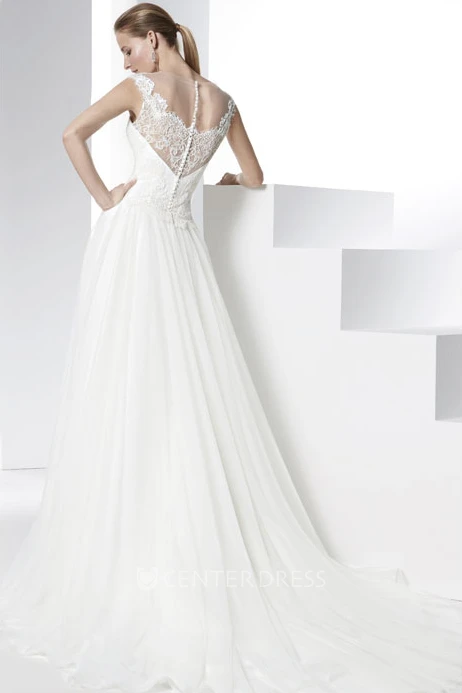 Strapless Floor-Length Appliqued Tulle&Satin Wedding Dress