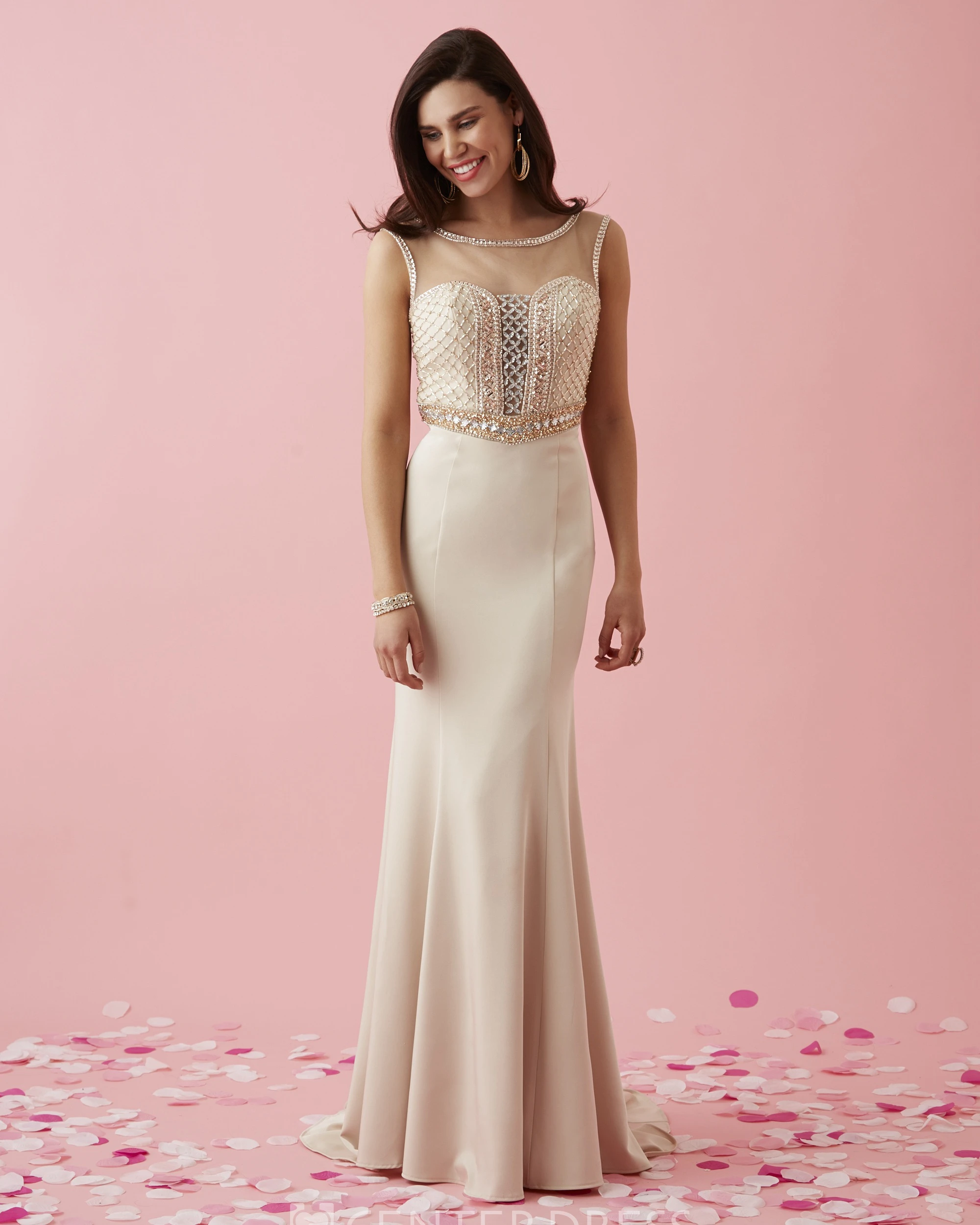 Sheath Scoop-Neck Sleeveless Jersey Illusion Dress With Beading
