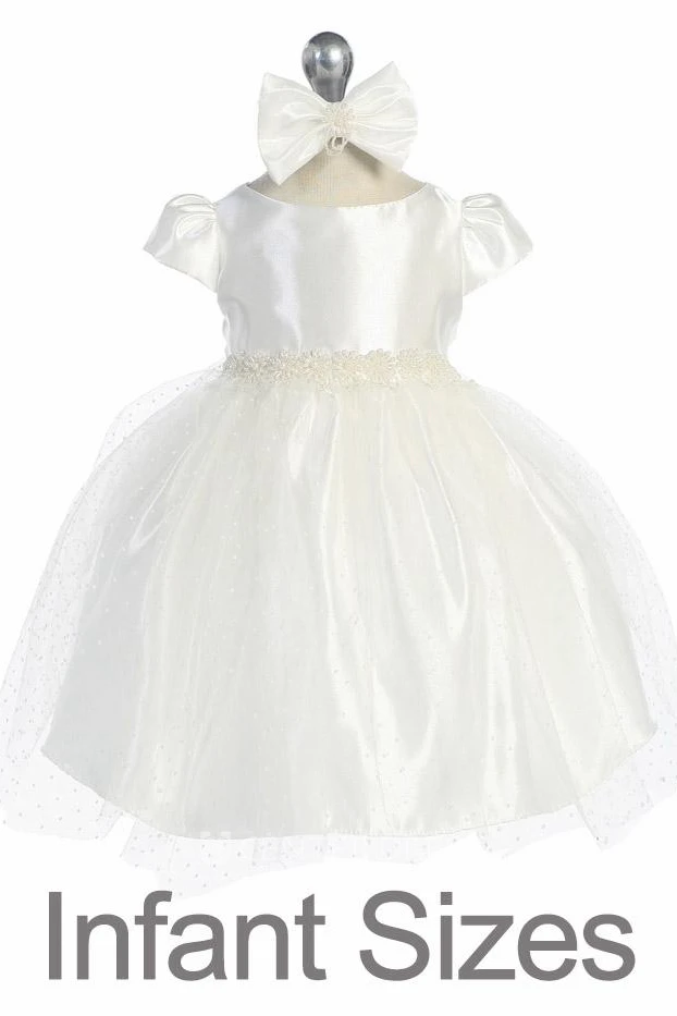 Tea-Length Cap-Sleeve Beaded Tulle&Satin Flower Girl Dress