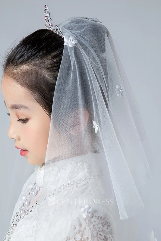 Simple Style Double Layer Floral Tulle Flower Girl Veil