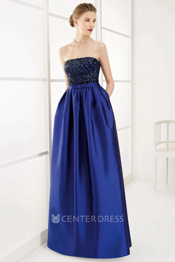 Strapless A-Line Pleated Taffeta Long Prom Dress With Sequined Lace Bodice