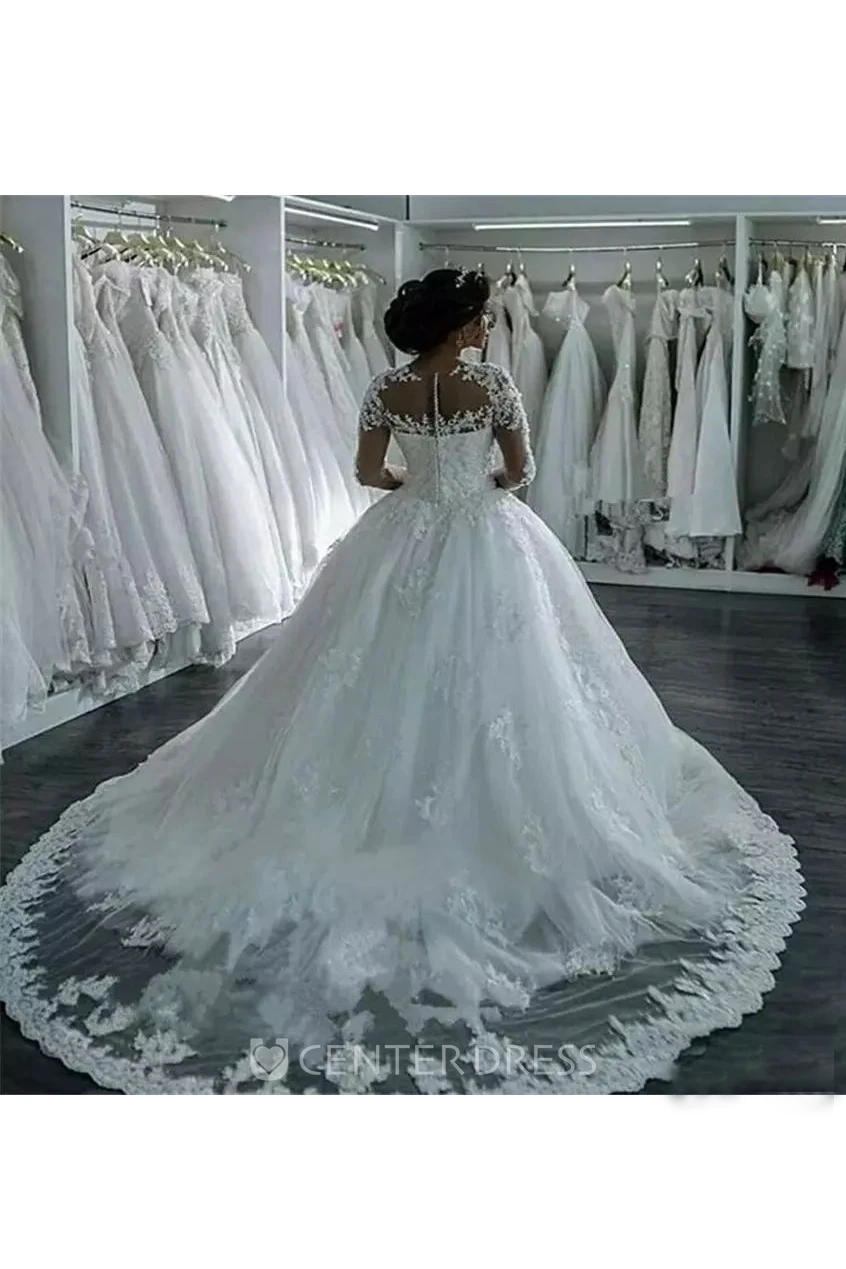 Sleeveless Jewel A-Line Ball Gown Lace Tulle Zipper Illusion Wedding Dress