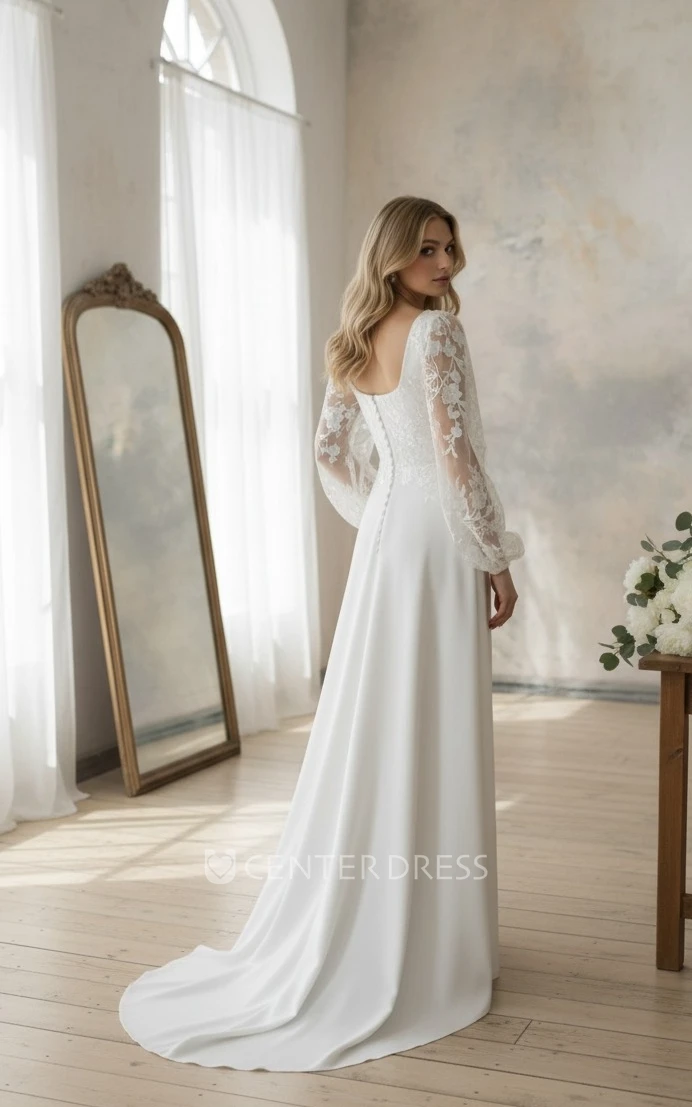 Glamorous Lace Flowers Square Neck A-Line Wedding Gown Vintage Floor-length Long Puff Sleeve Button Back Warm Bridal Dress with Appliques