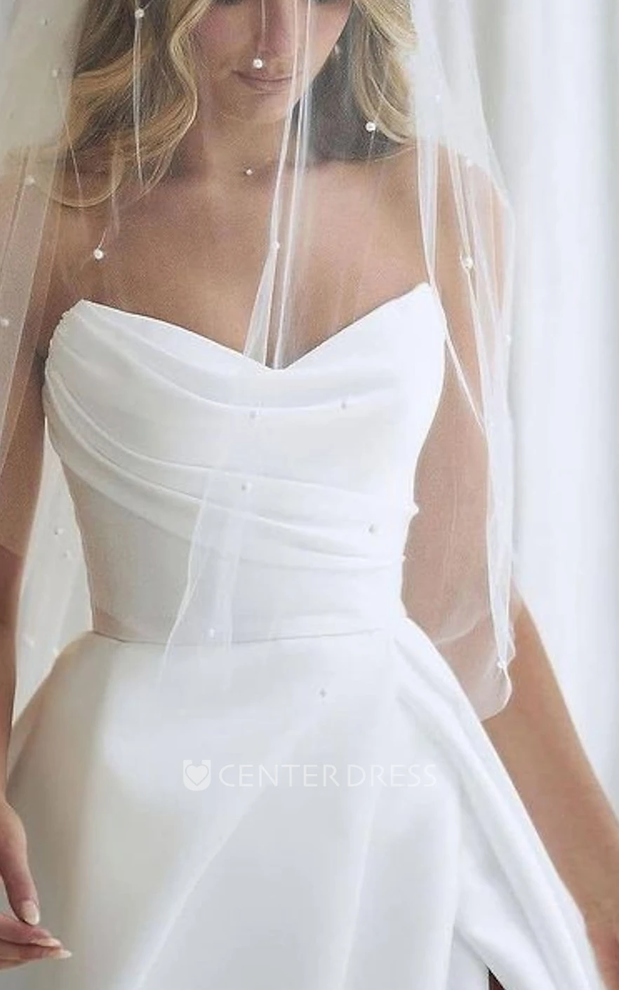 Modern Sexy A-Line Satin Warm Wedding Dress Casual Elegant Garden Strapless Split Front Ruched Bridal Gown