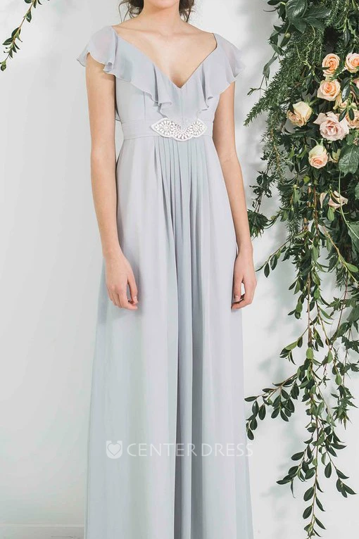 Pleated V-Neck Empire Poet Sleeve Chiffon Bridesmaid Dress With Waist Jewellery
