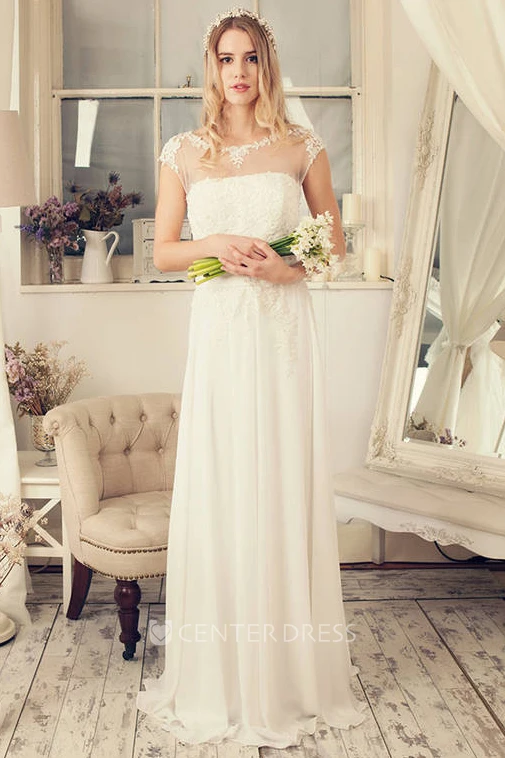 Sheath Scoop-Neck Cap-Sleeve Chiffon Wedding Dress With Illusion