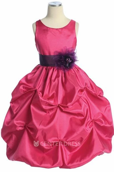 Tea-Length Pick Up Floral Taffeta Flower Girl Dress