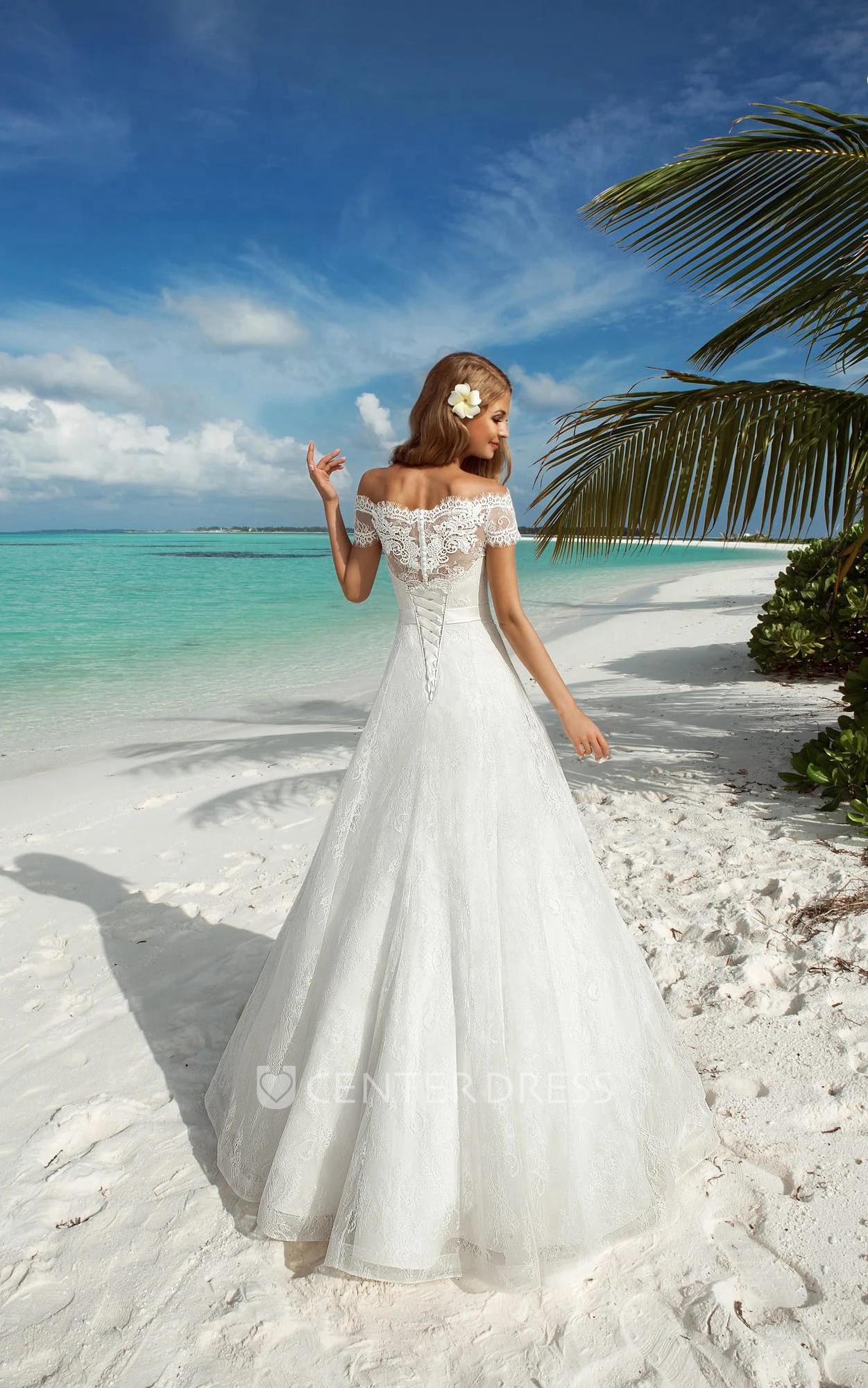A-Line Long Off-The-Shoulder Short-Sleeve Corset-Back Lace Dress With Bow And Sash
