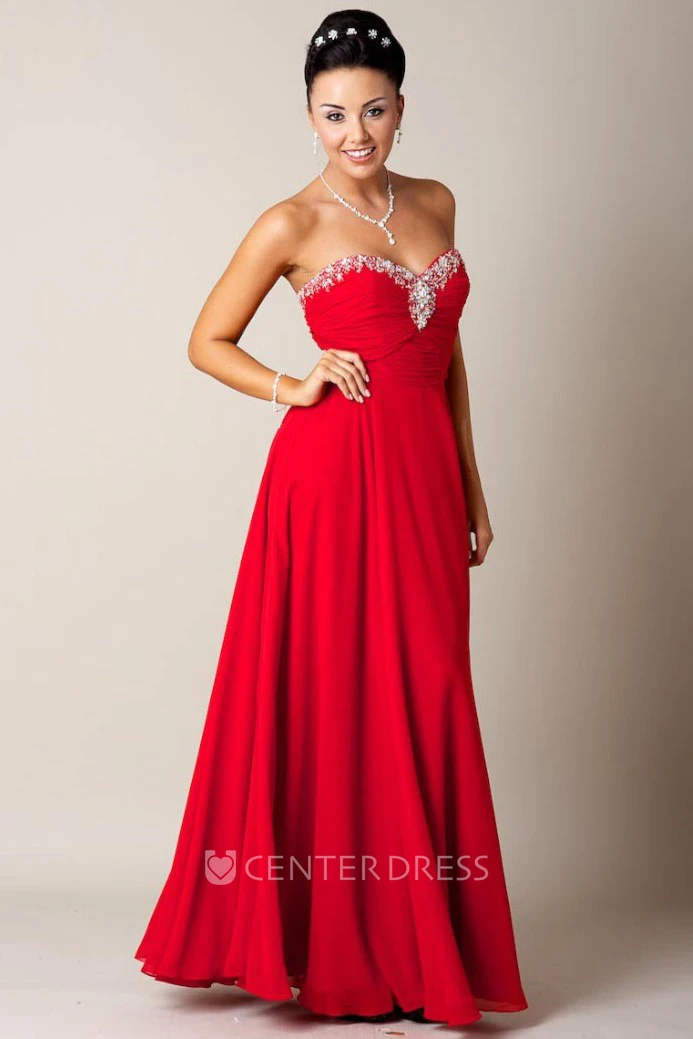 A-Line Ruched Floor-Length Sleeveless Sweetheart Chiffon Prom Dress With Beading And Draping