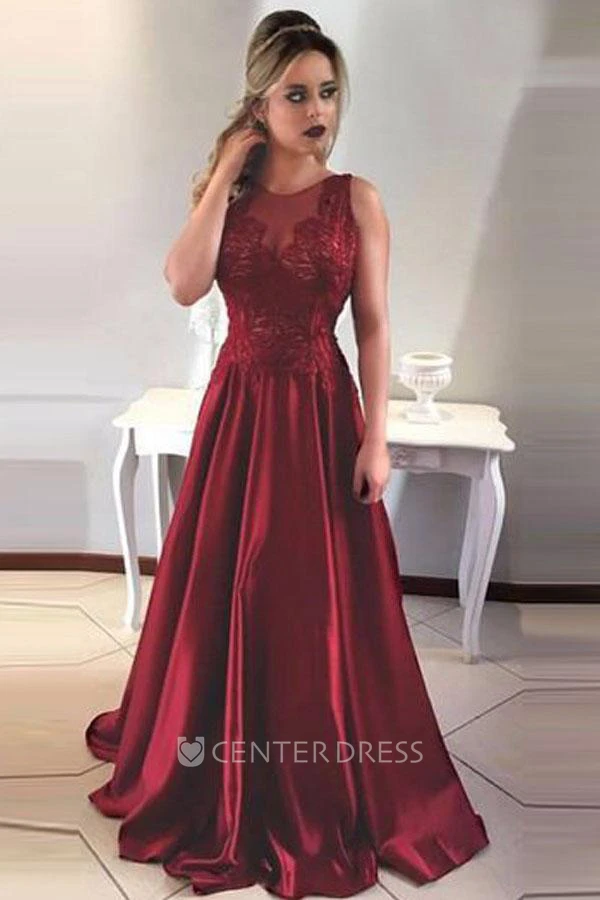 Sleeveless Sweep Brush Train A-Line Jewel Satin Lace Dress