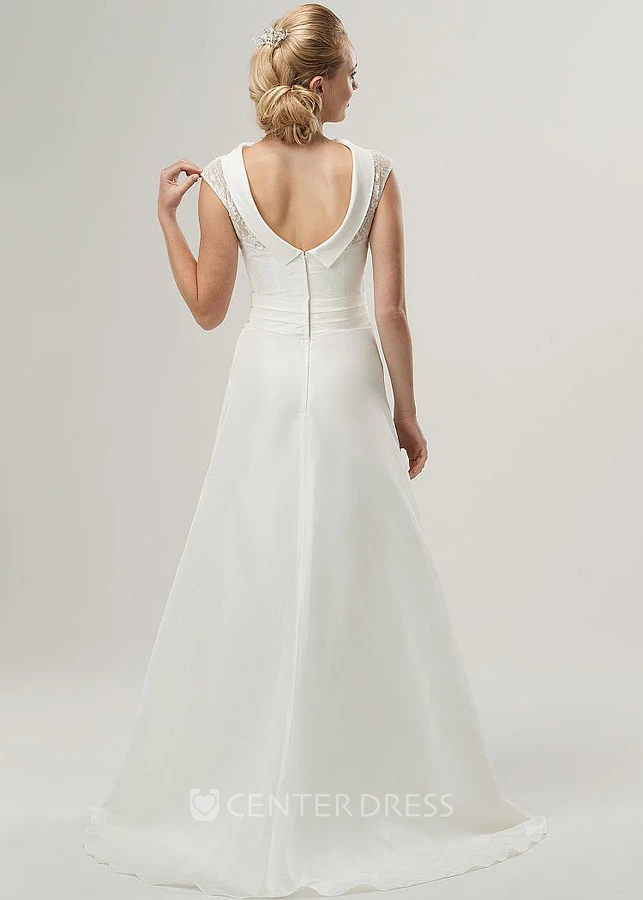 A-Line High-Neck Floor-Length Appliqued Cap-Sleeve Satin&Lace Wedding Dress