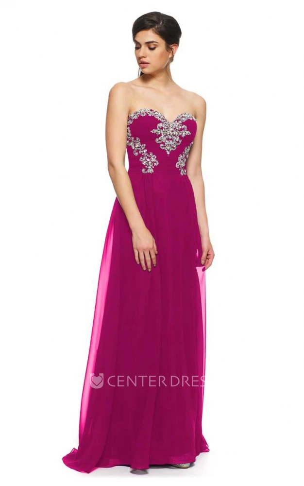 A-Line Floor-Length Sweetheart Sleeveless Chiffon Beading Sweep Brush Train Lace-Up Corset Back Dress
