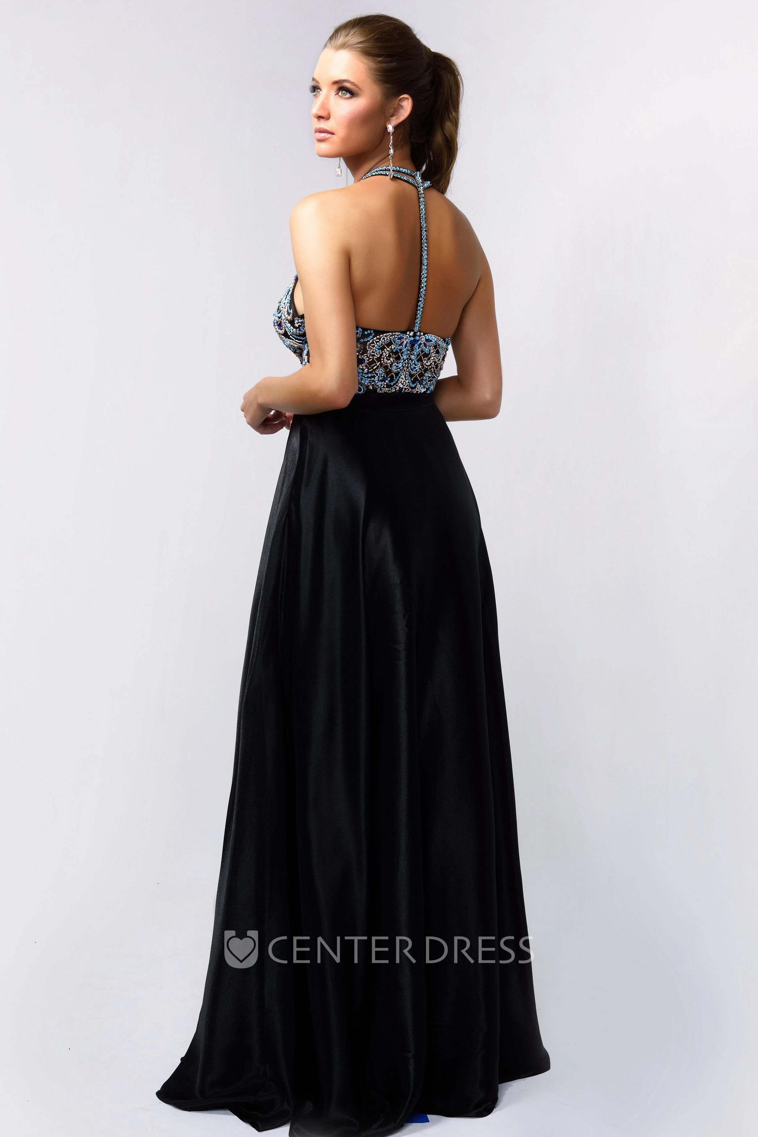A-Line Long Halter Sleeveless Satin Dress With Beading