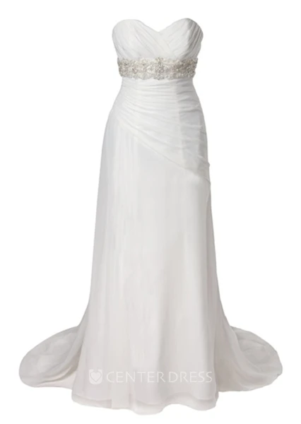 Sheath Jeweled Sweetheart Chiffon Wedding Dress With Criss Cross And Sweep Train