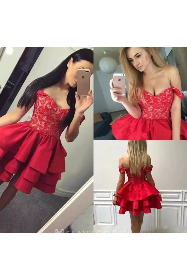 A-line Short Mini Sleeveless Off-the-shoulder Ruching Ruffles Taffeta Lace Homecoming Dress