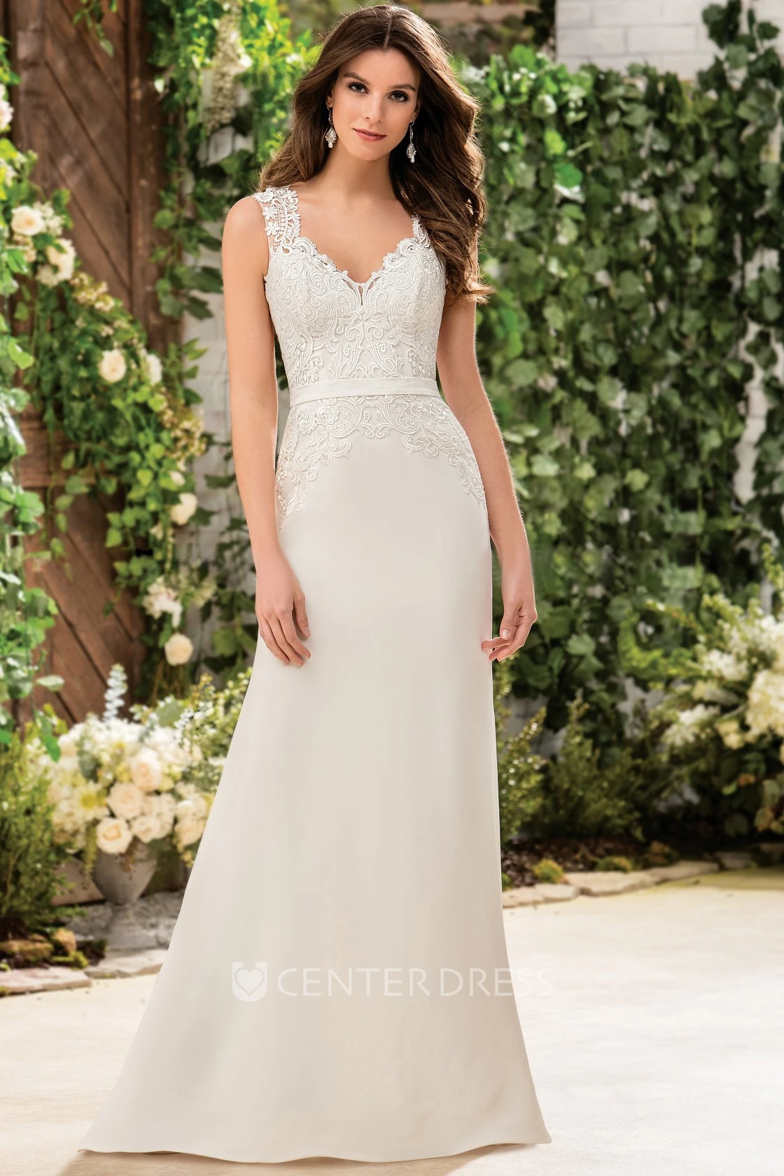 V-Neck Sleeveless Long Wedding Dress With Illusion Appliqued Back