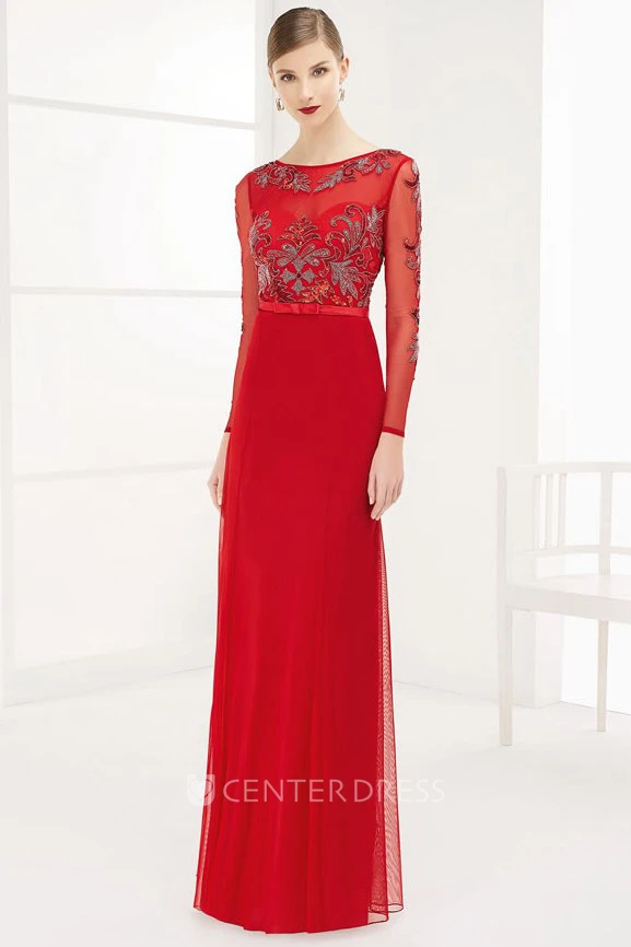 Bateau Neck U Back Tulle Long Prom Dress With Long Sleeve And Bow Belt