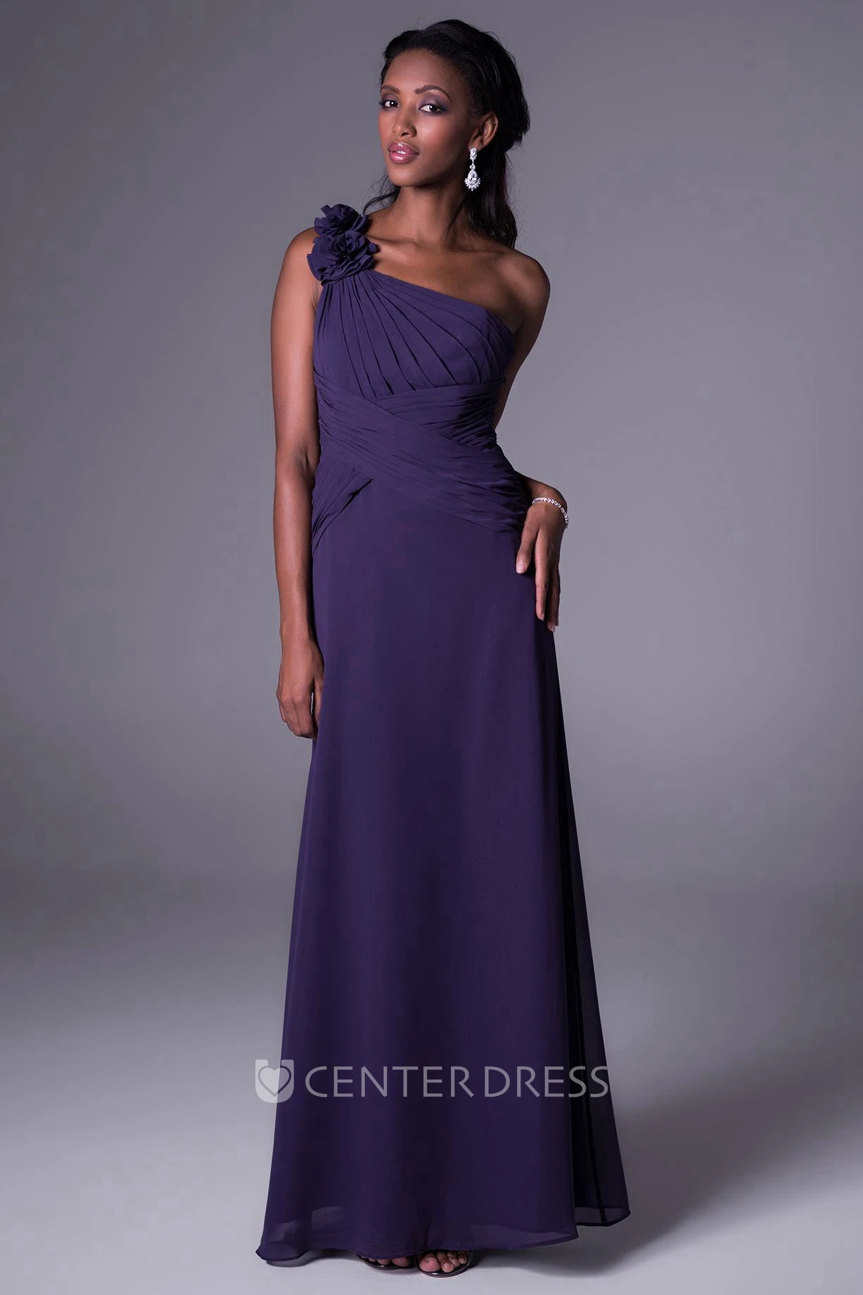 Floral One-Shoulder Sleeveless Chiffon Bridesmaid Dress With Ruching