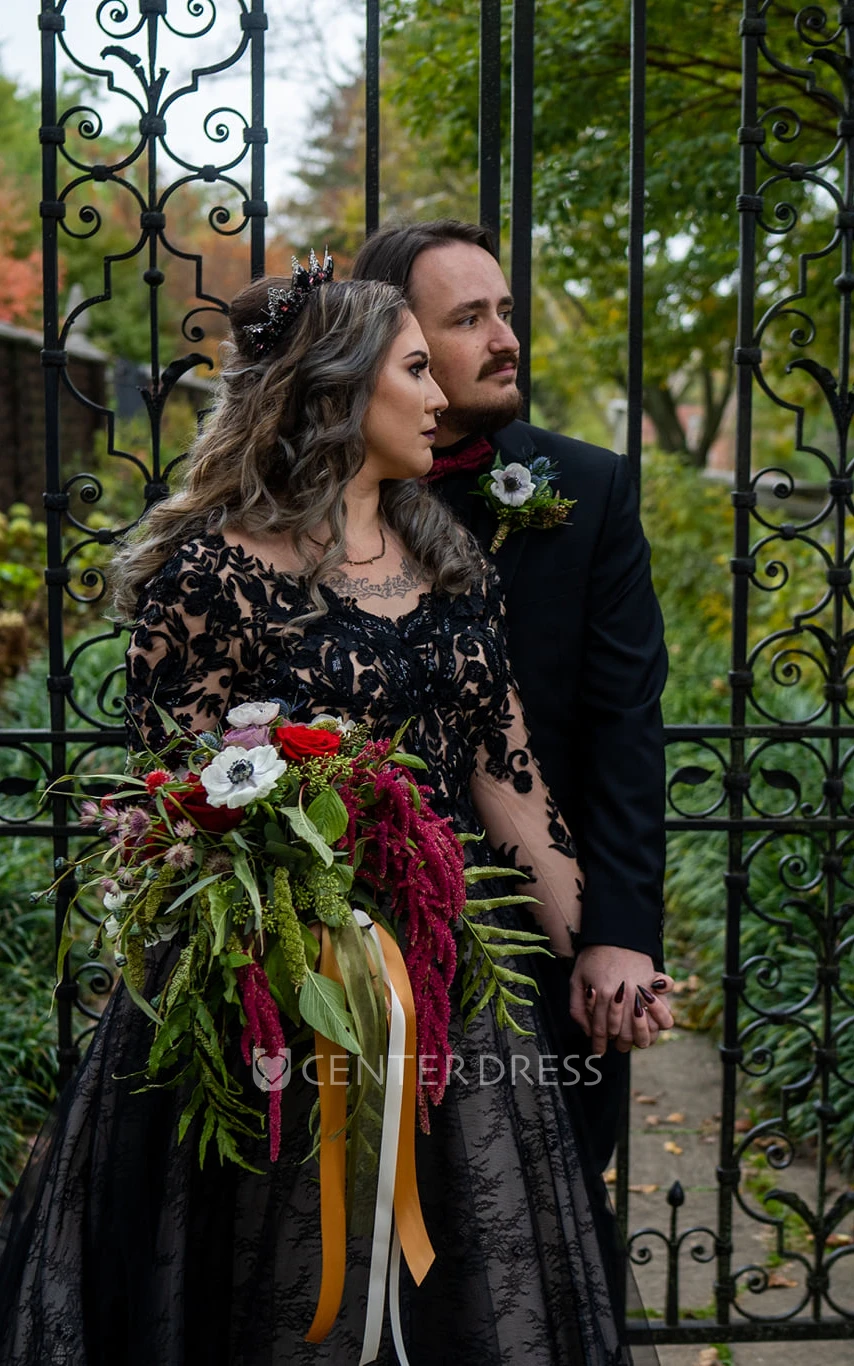 A-Line V-neck Lace Modest Country Spring Wedding Dress With Open Back And Appliques