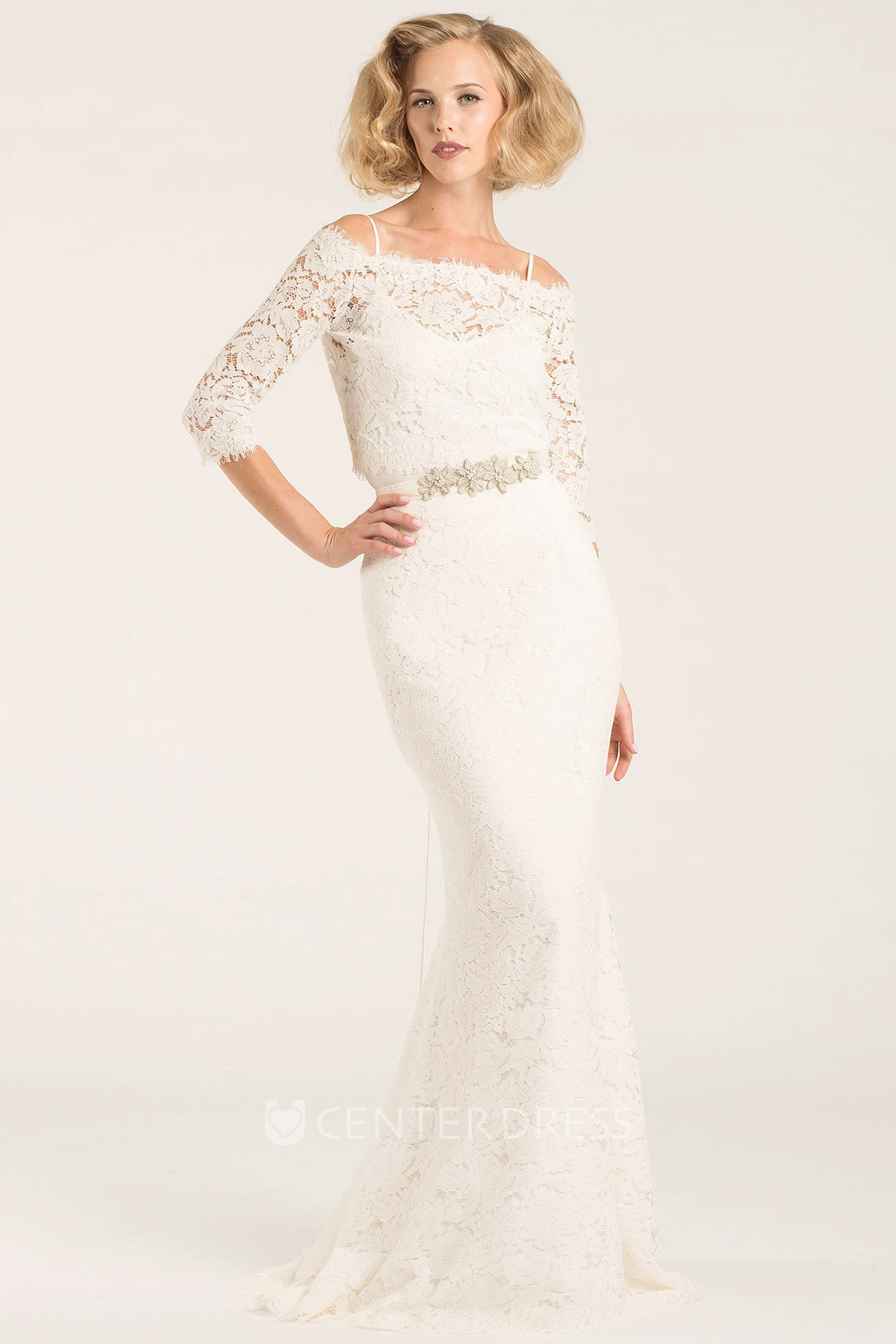 Floor-Length Off-The-Shoulder Half Sleeve Jeweled Lace Wedding Dress