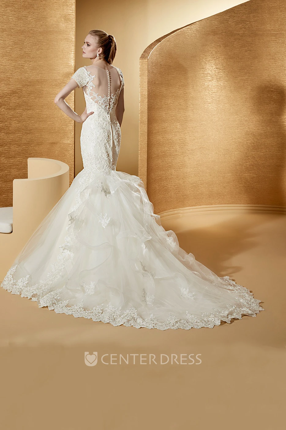 Illusion Jewel-Neck Mermaid Lace Gown With T-Shirt Sleeves And Ruching Train